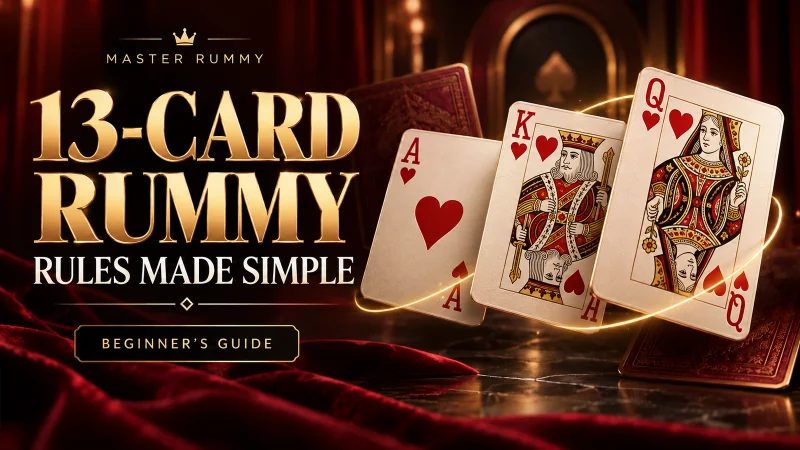 Ace, king and queen of hearts on a red and gold beginner rummy poster Ace, king and queen of hearts on a red and gold beginner rummy poster