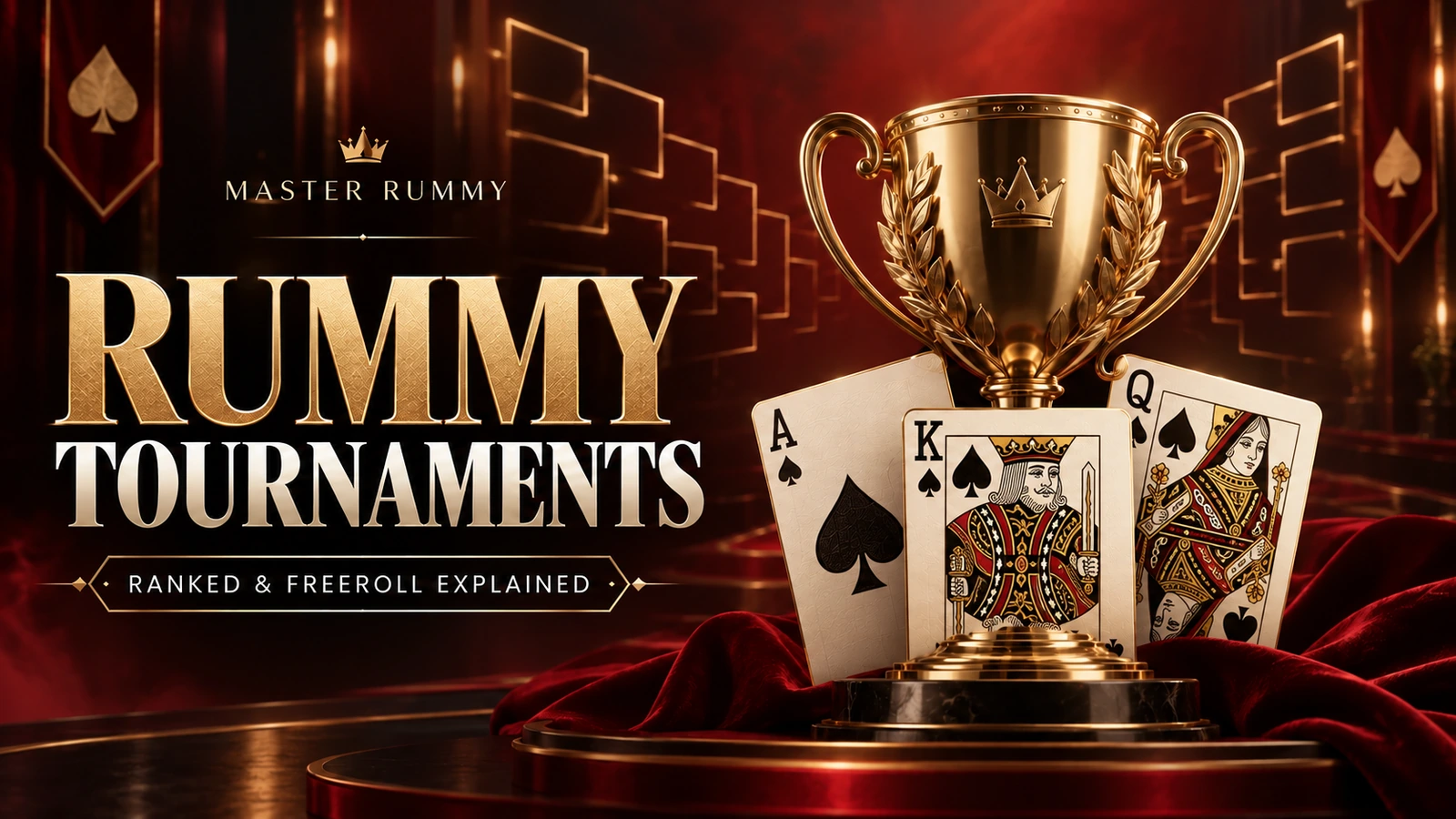 Gold trophy with ace, king and queen of spades and tournament brackets Gold trophy with ace, king and queen of spades and tournament brackets