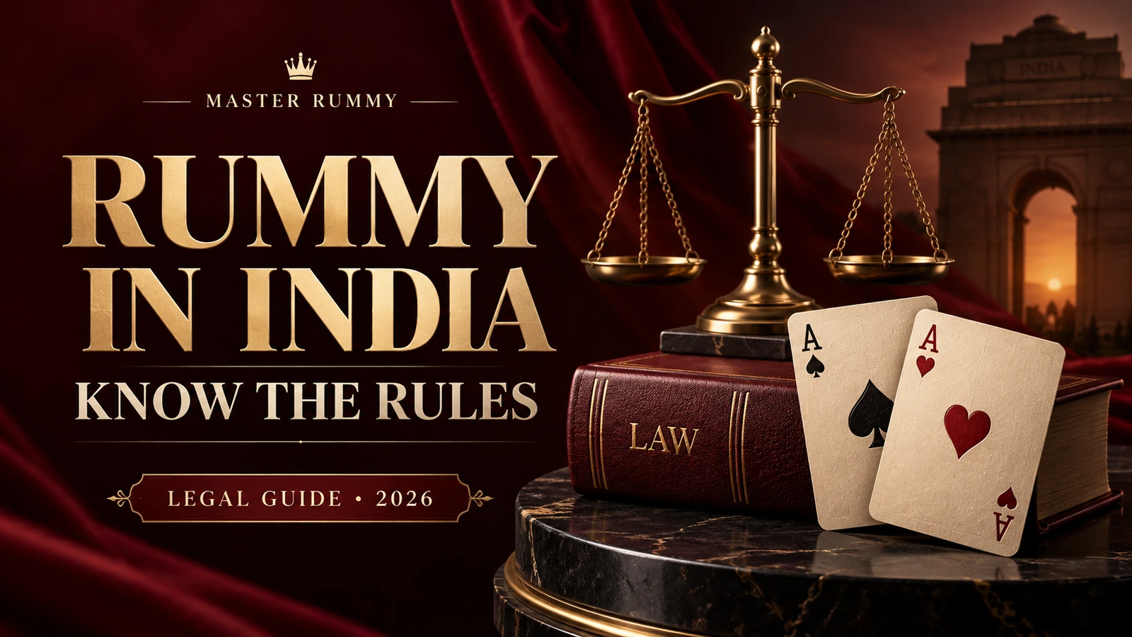 Balance scales, a law book and playing cards for the India legal guide Balance scales, a law book and playing cards for the India legal guide