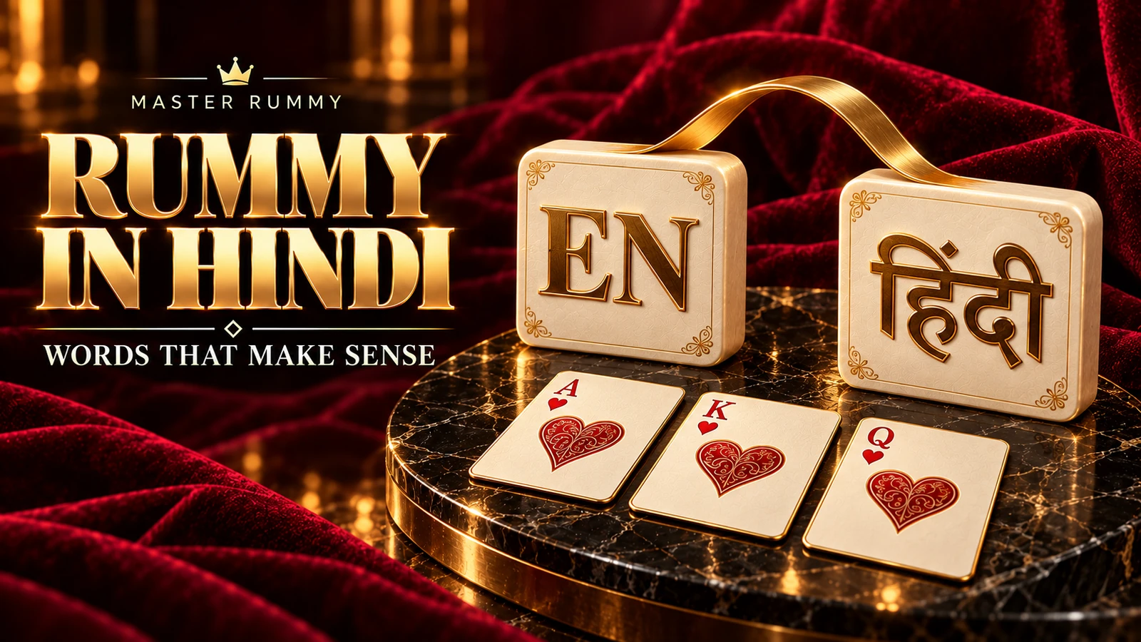 Rummy in Hindi — words that make sense Ivory EN and Hindi language tiles linked by a gold ribbon above ace, king and queen of hearts cards