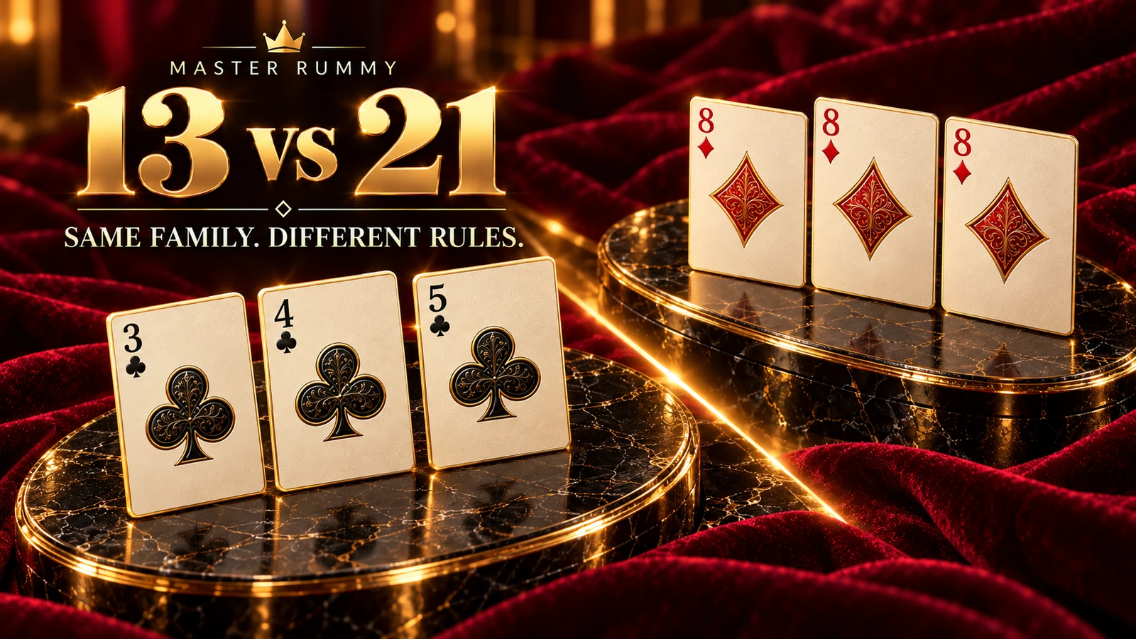 13 versus 21 — same family, different rules Two marble stages show a three-four-five club sequence and three identical eights of diamonds beneath a 13 versus 21 headline