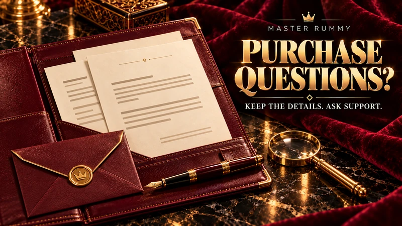 Burgundy leather folder with abstract receipt sheets, a closed envelope, fountain pen and magnifying glass beside Purchase Questions lettering