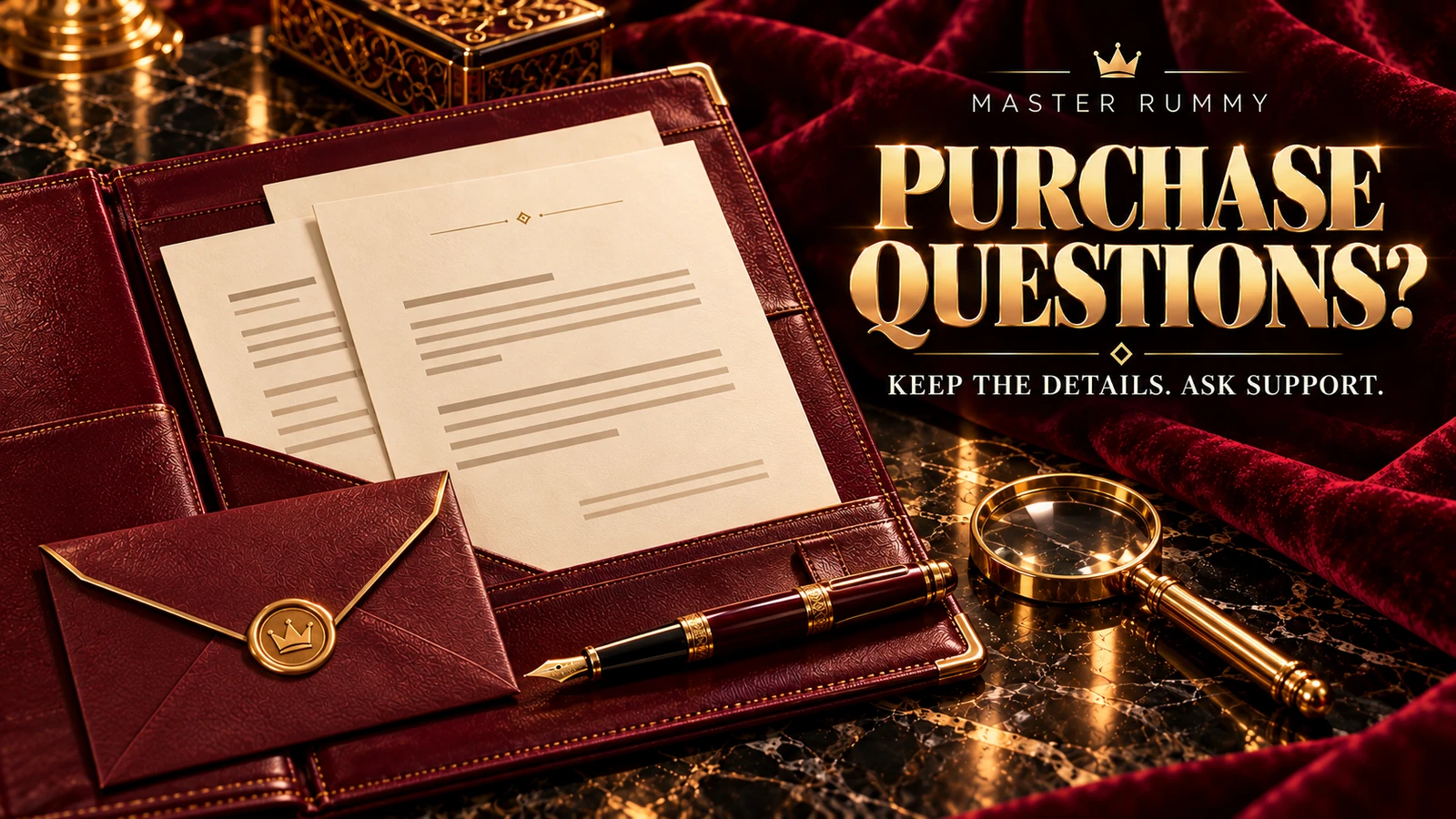 Burgundy leather folder with abstract receipt sheets, a closed envelope, fountain pen and magnifying glass beside Purchase Questions lettering