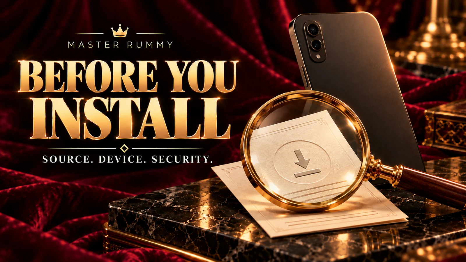 Before you install: source, device and security Conceptual unbranded phone back and gold magnifying glass examining a download document beside Before You Install lettering
