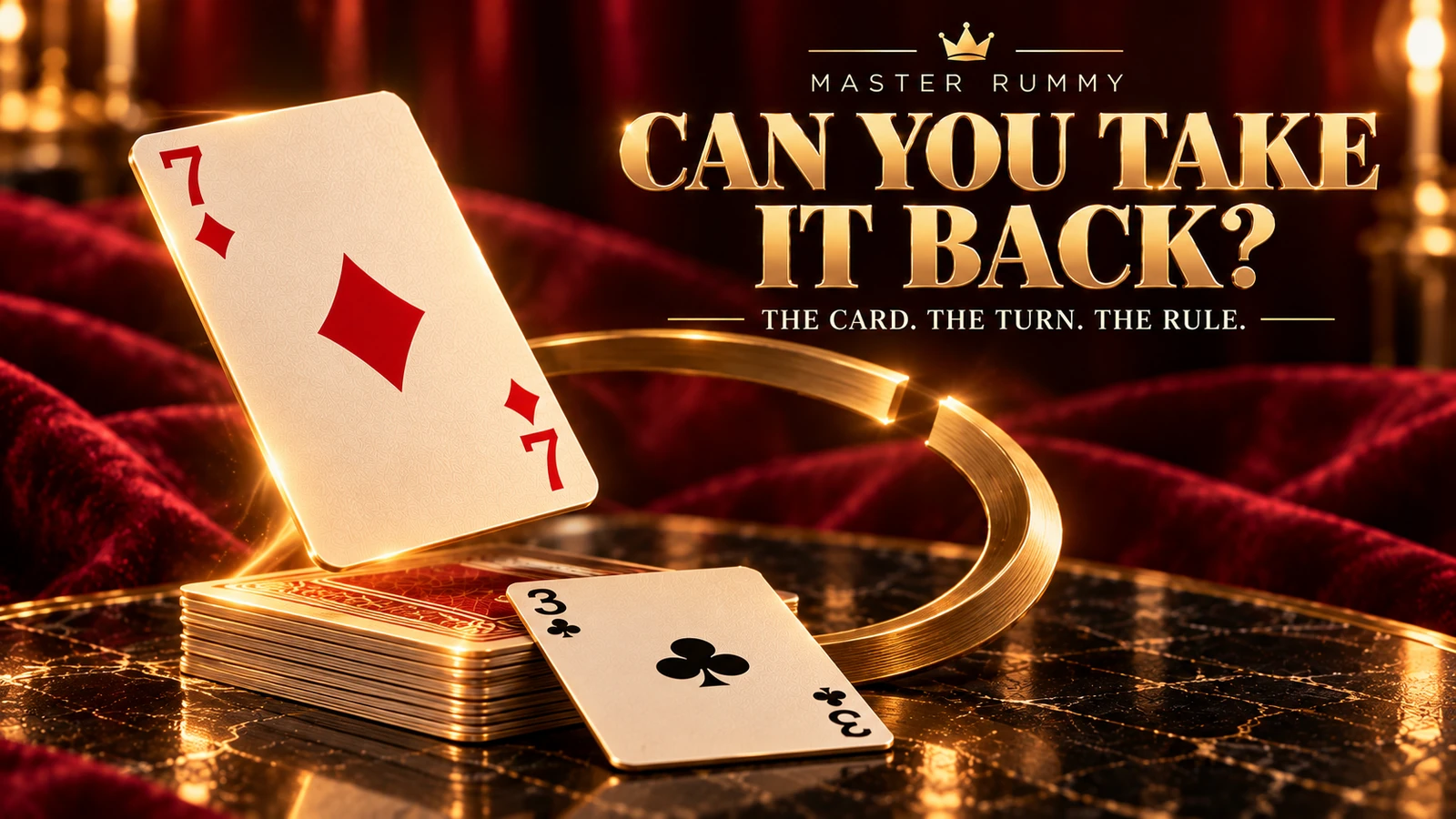 Gold cinematic poster with a seven of diamonds, a three of clubs and an open circular gold ring representing the timing of a return