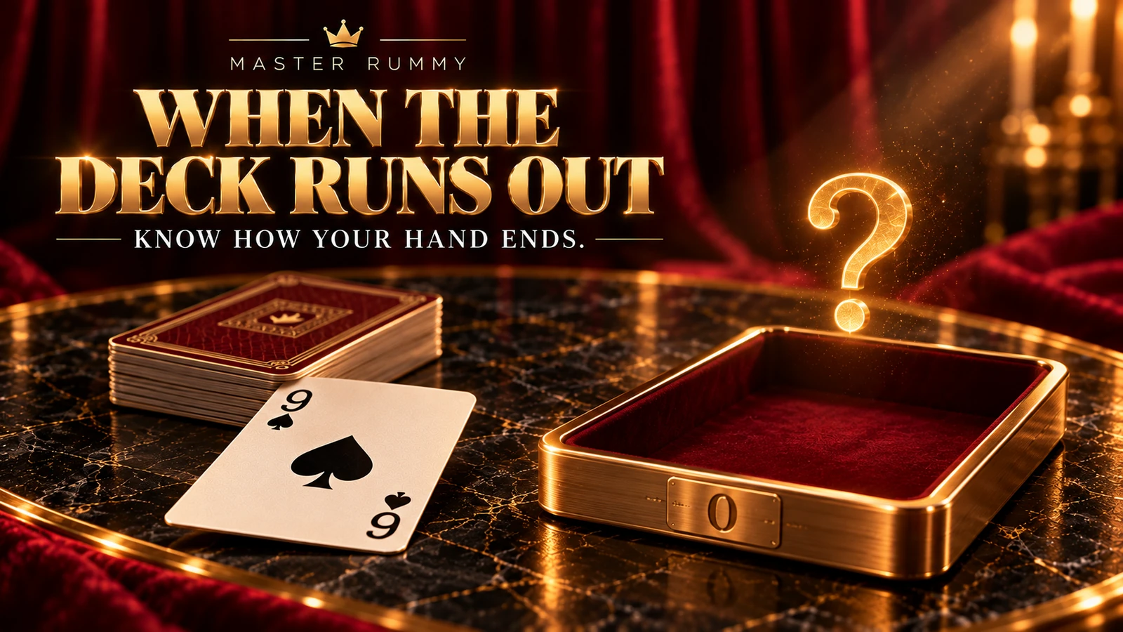Burgundy and gold poster with an empty gold-rimmed stock tray marked zero, a question mark, a card stack and nine of spades