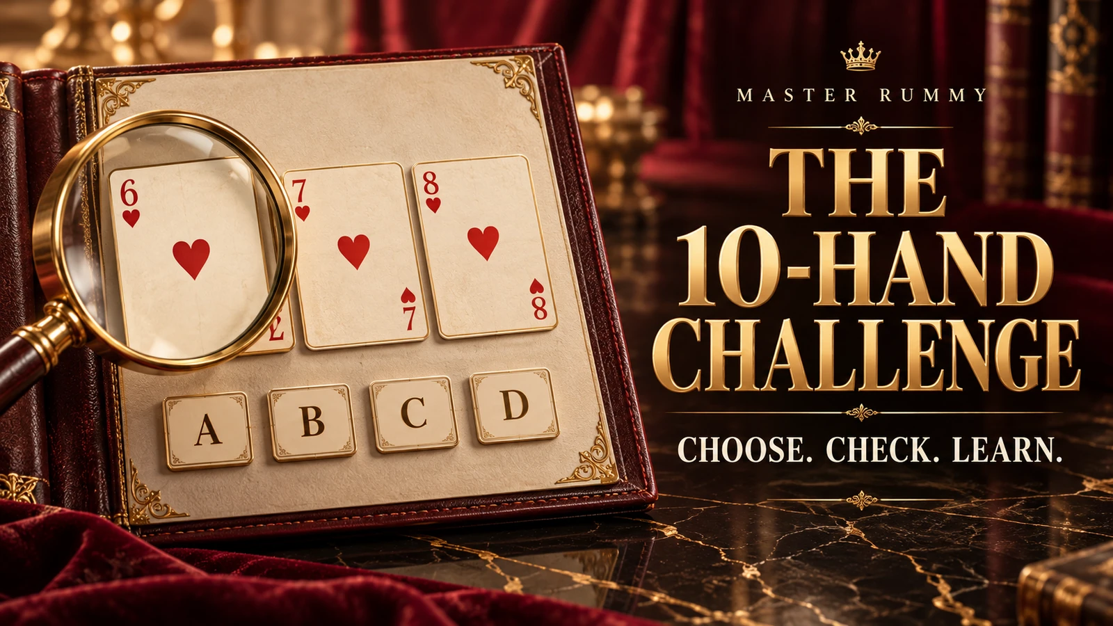 The 10-Hand Challenge — choose, check, learn Burgundy and gold quiz poster with a magnifying glass over six, seven and eight of hearts, four answer tabs and the title The 10-Hand Challenge