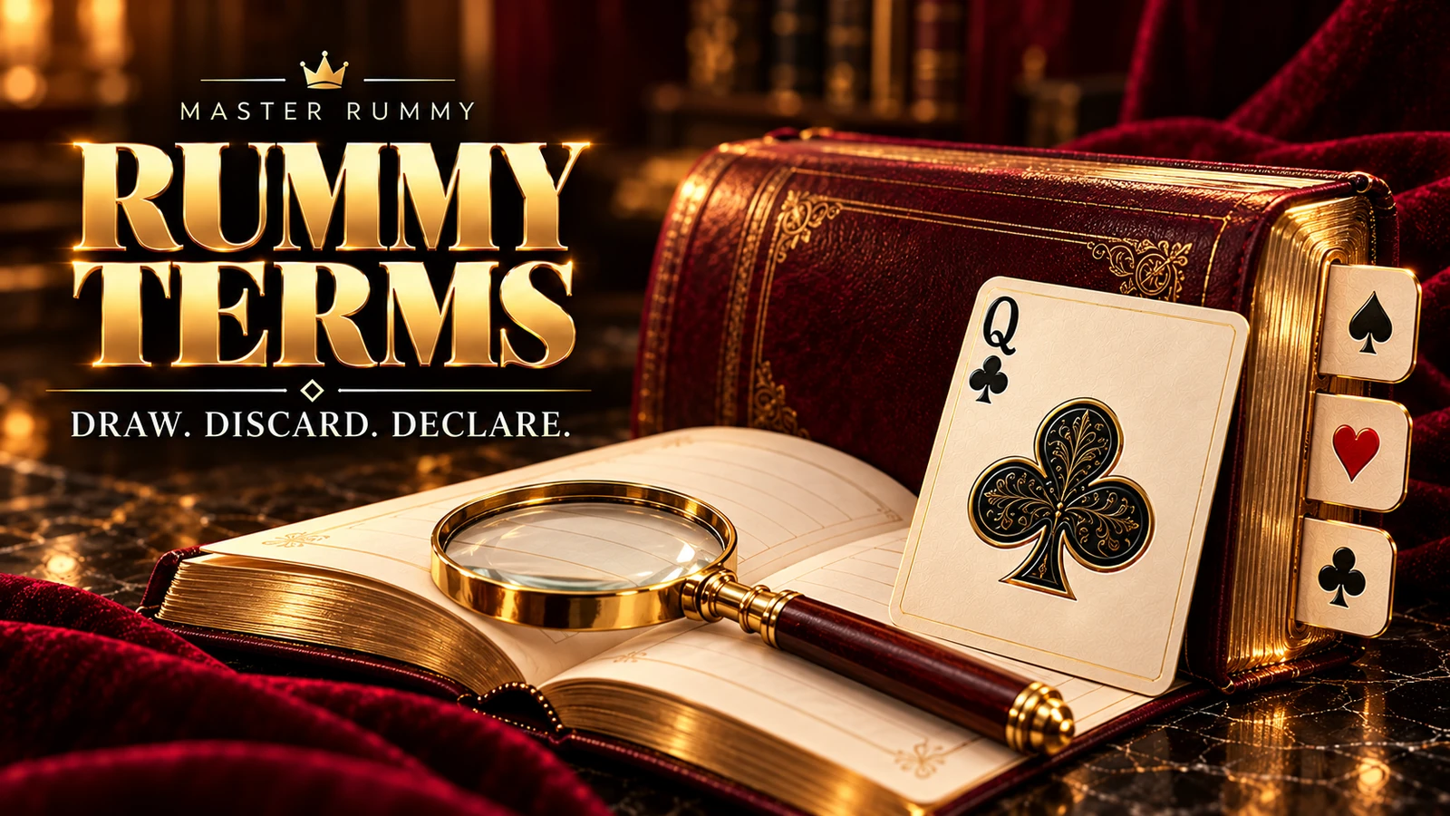 Rummy terms — draw, discard, declare A gold-edged burgundy reference book with suit index tabs, a queen of clubs and a magnifying glass