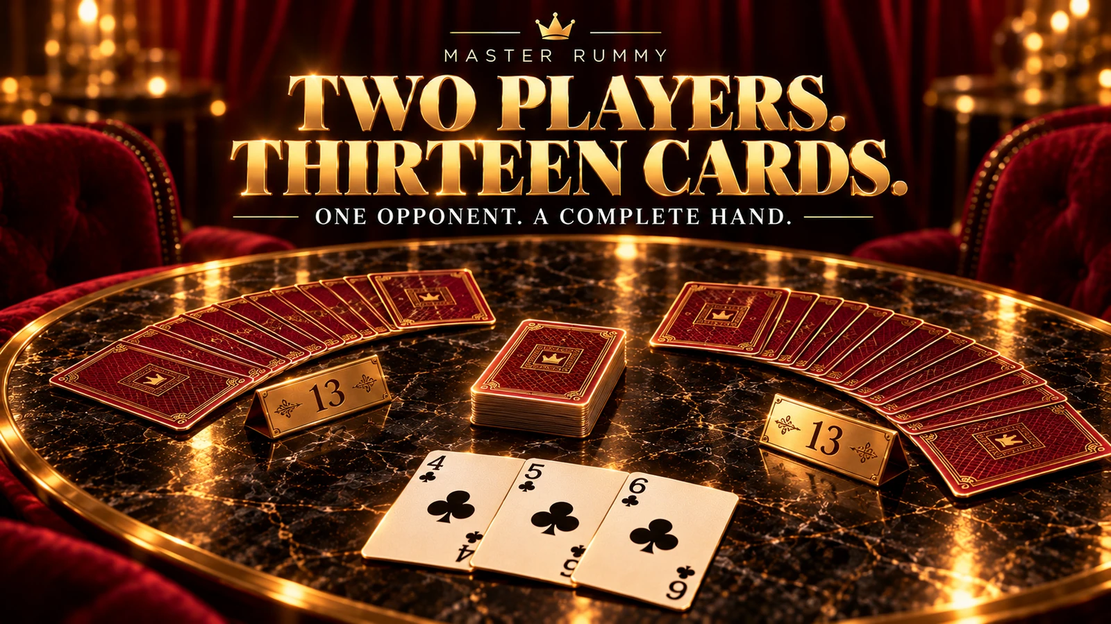Two players, thirteen cards — a complete-hand guide Cinematic burgundy and gold poster showing two opposing card arrangements with thirteen-card plaques and four, five and six of clubs