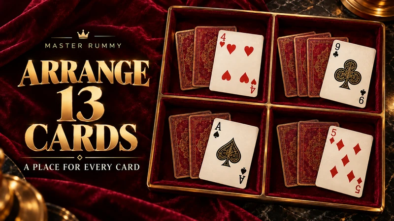 Overhead view of thirteen playing cards organised into four burgundy velvet compartments with gold dividers