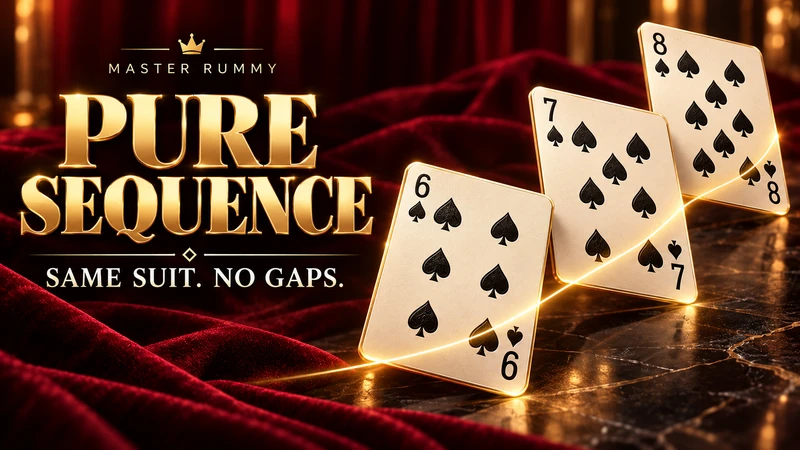 Six, seven and eight of spades arranged along a continuous gold line on a velvet-and-marble pure-sequence poster
