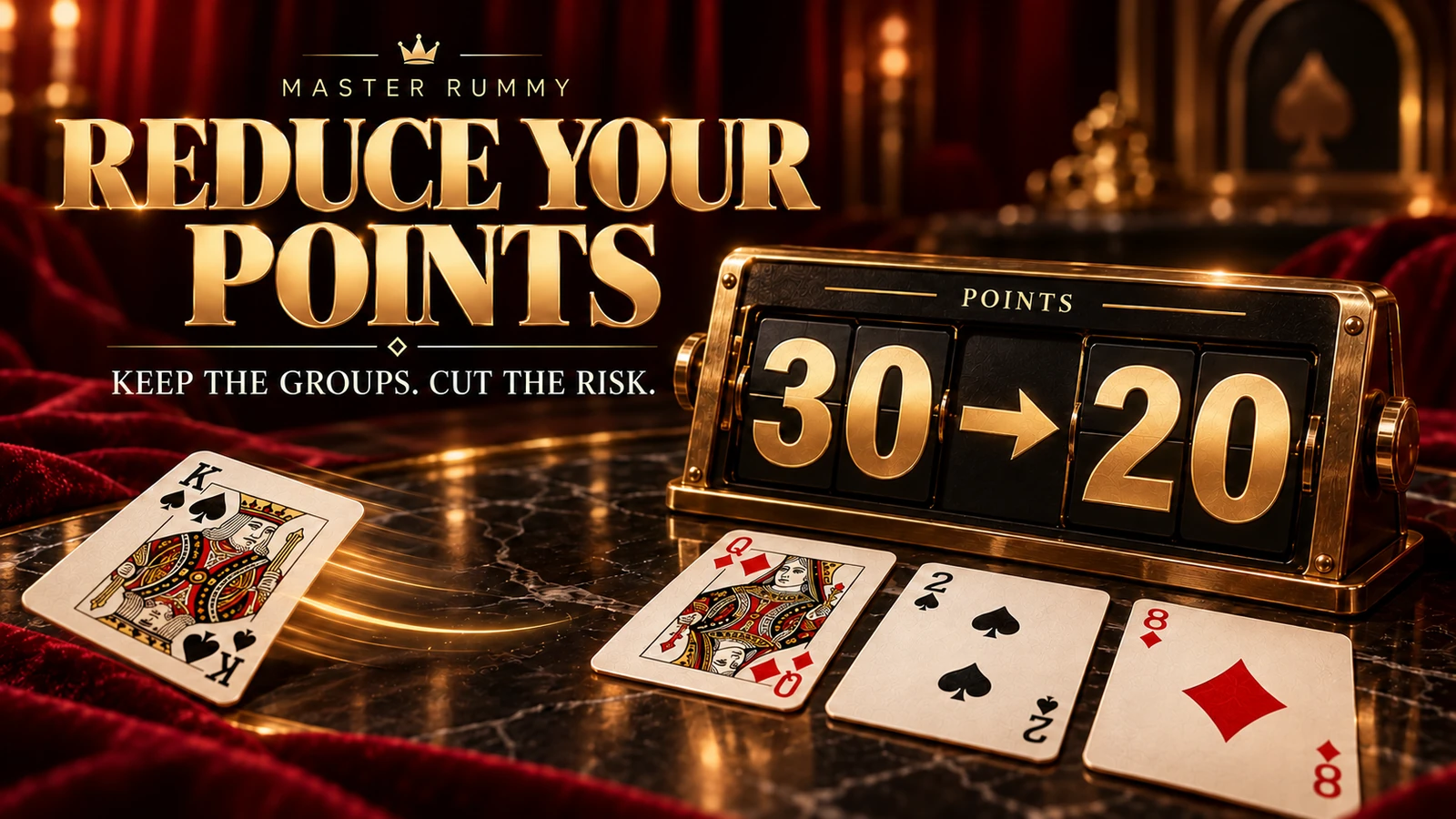 Reduce points while keeping useful groups A black-and-gold scoreboard changes from 30 to 20 as a king of spades leaves the remaining loose cards