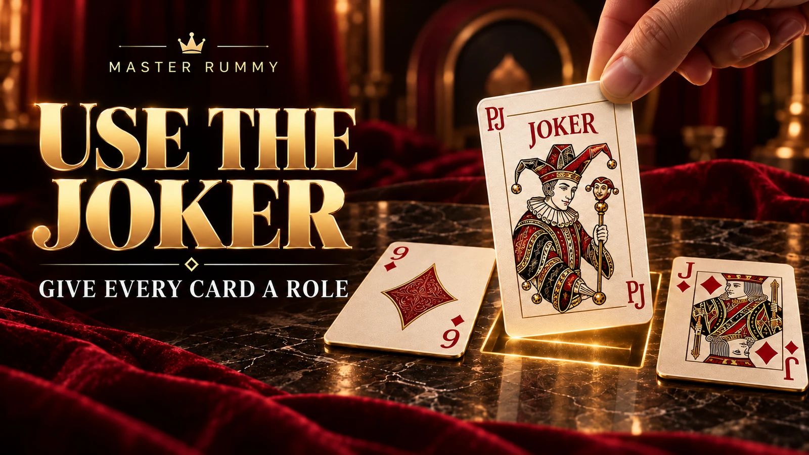 Use the joker — give every card a role An illustrated printed joker filling a glowing position between the nine and jack of diamonds on a burgundy poster