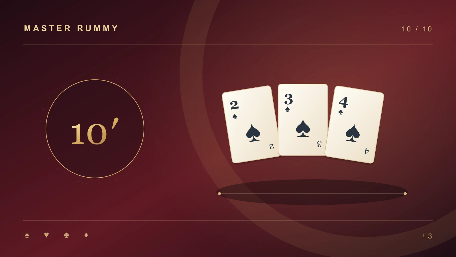A gold stopwatch, open practice journal and two-three-four spade sequence on a burgundy rummy training poster