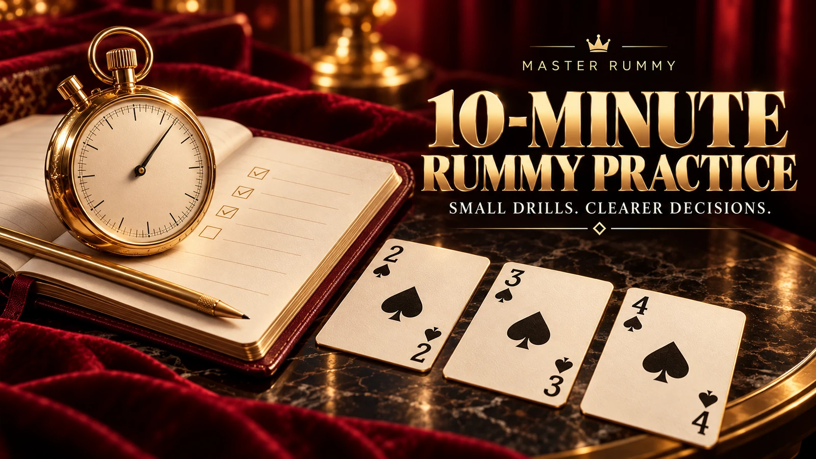 10-minute rummy practice — small drills, clearer decisions A gold stopwatch, open practice journal and two-three-four spade sequence on a burgundy rummy training poster