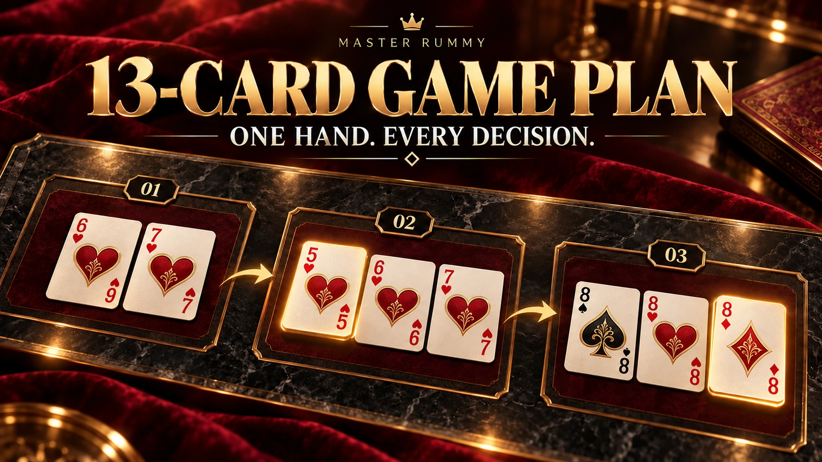 A gold-connected three-stage card layout illustrates a 13-card game plan, with the five of hearts and eight of diamonds as useful draws