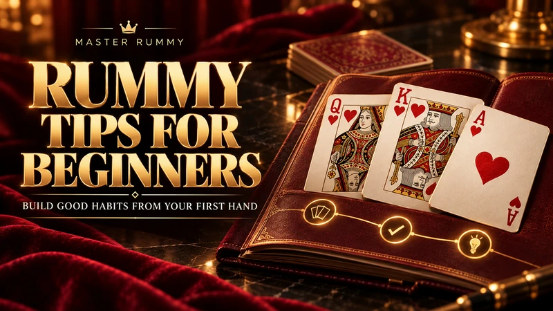 Rummy tips for beginners — build good habits Gold beginner-rummy headline beside queen, king and ace of hearts on an open burgundy learning notebook