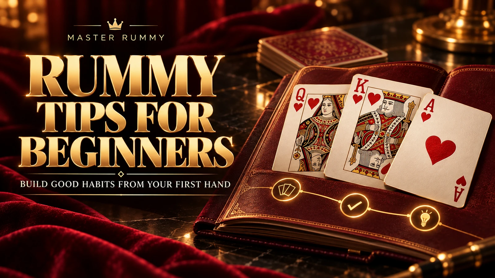 Gold beginner-rummy headline beside queen, king and ace of hearts on an open burgundy learning notebook