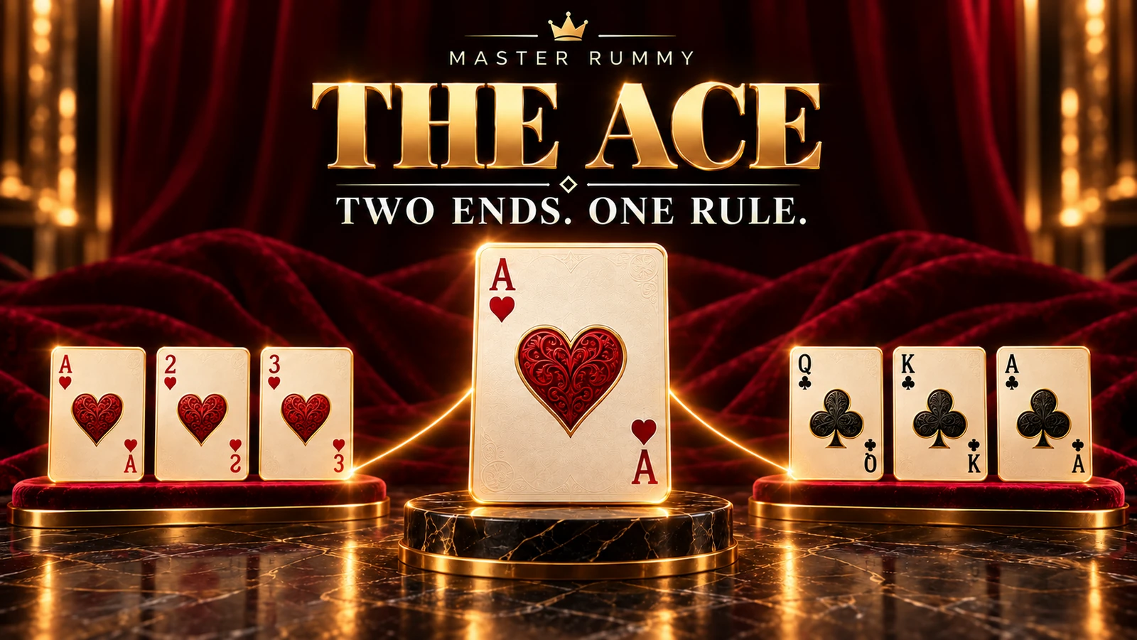 A large ornate ace of hearts between two illuminated card paths, ace-two-three and queen-king-ace, on burgundy velvet