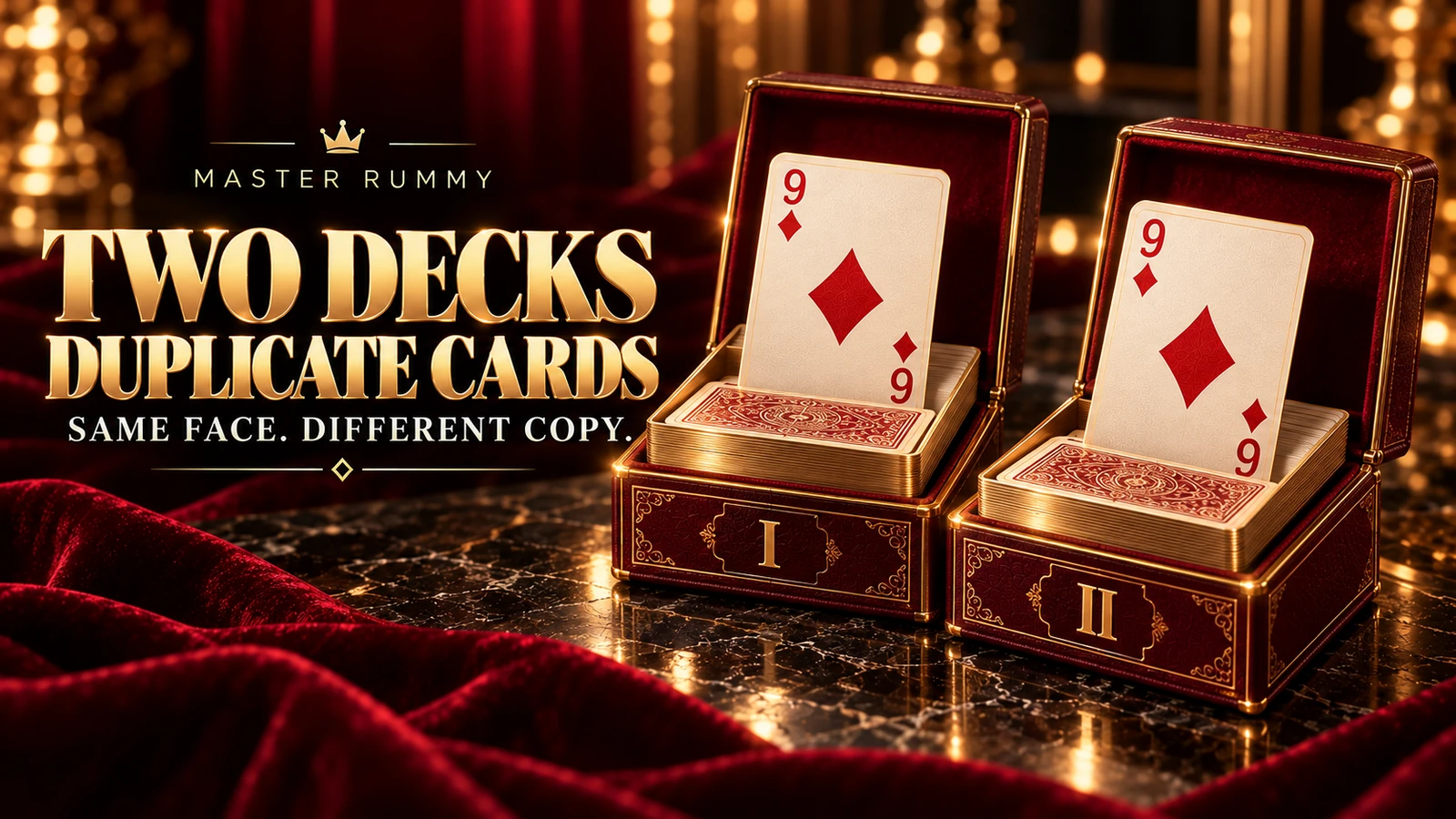 Two decks: same face, different physical copy Two open burgundy card boxes numbered I and II, each holding a separate nine of diamonds under a gold Two Decks headline