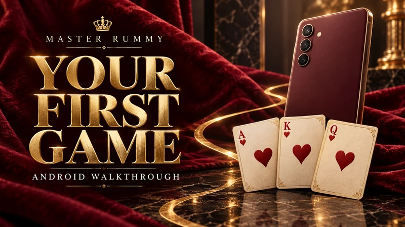 Your first game — conceptual tutorial cover Conceptual Android walkthrough poster with the back of a phone, three heart cards and a gold path; not an app screenshot