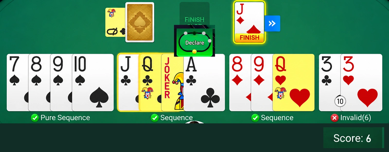 Three accepted groups do not complete every card Owner-supplied Master Rummy table example with three grouped runs, an unfinished pair of threes and a displayed score of six