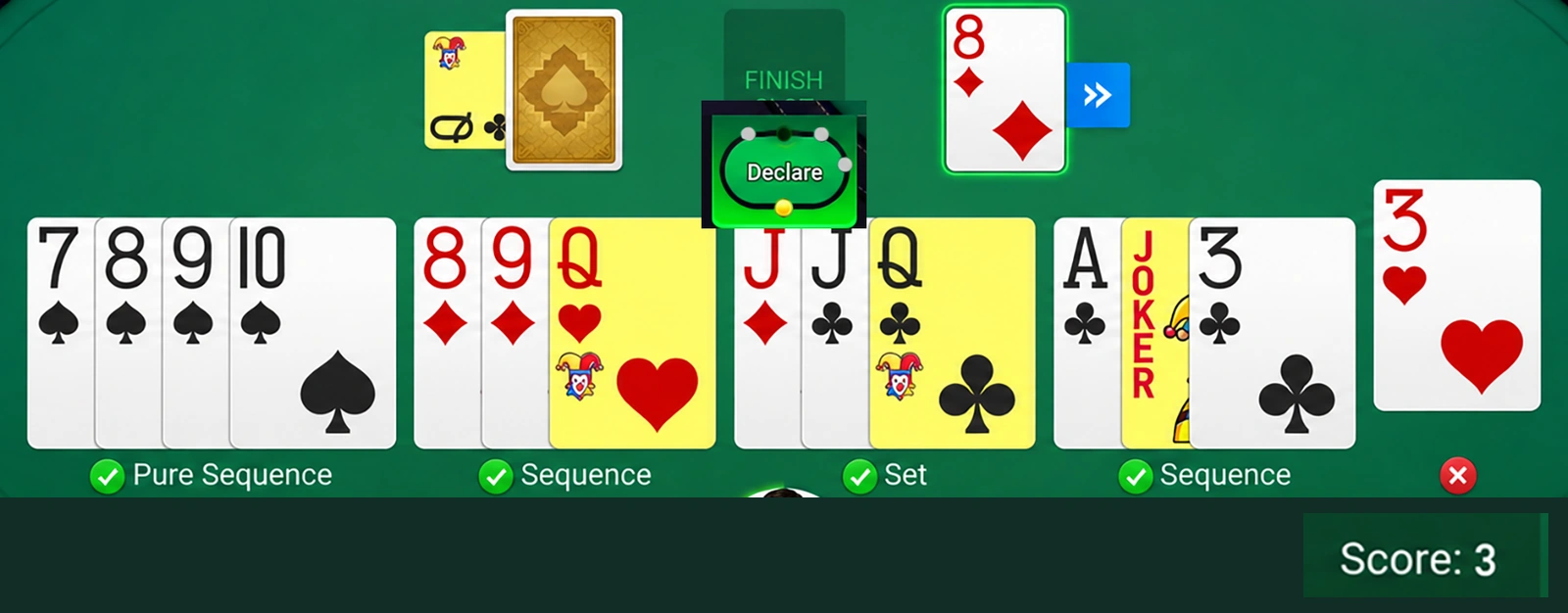 Count fourteen before removing the spare card Owner-supplied 14-card table example with four completed groups and a separate three of hearts, displaying three points