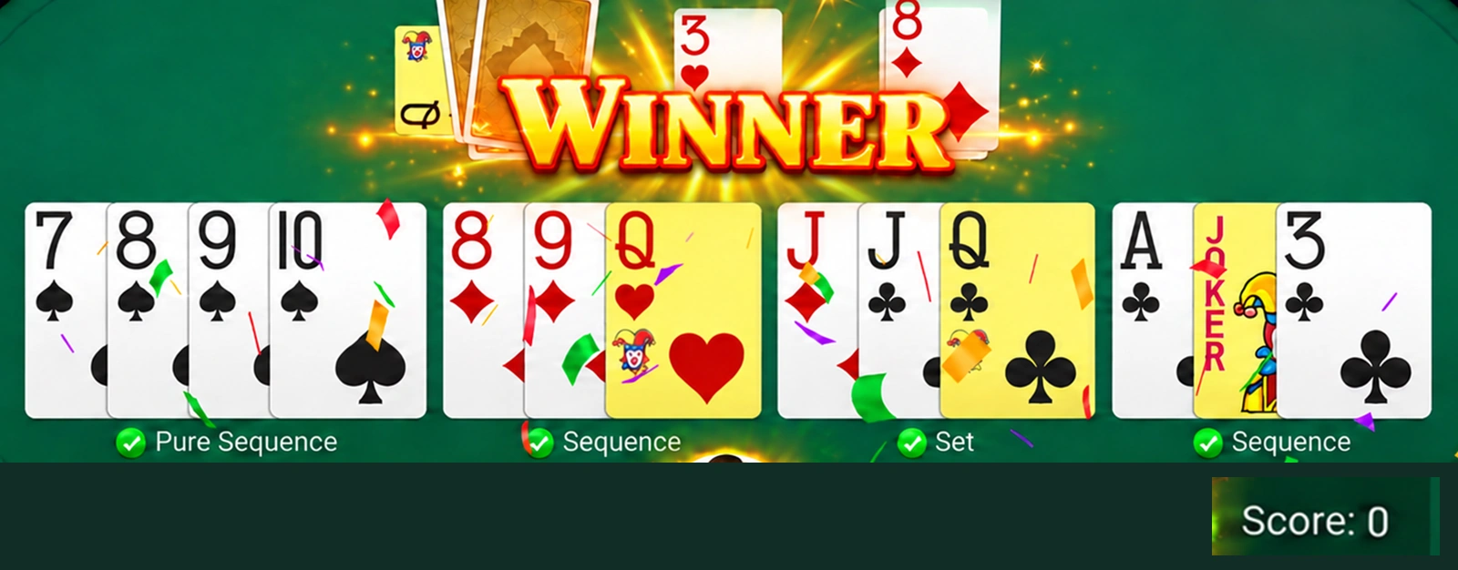 Verify all thirteen cards, not only the zero Owner-supplied completed 13-card example with a pure spade sequence, two joker-assisted sequences, a jack set and a displayed zero