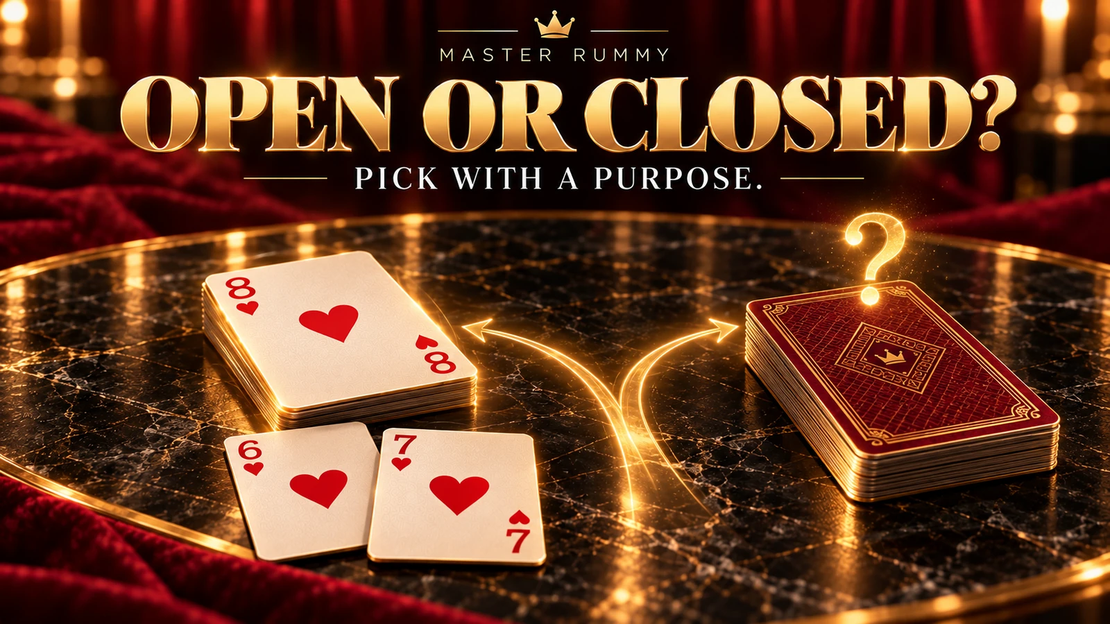 A face-up eight of hearts and a face-down burgundy stack offer two paths, with six and seven of hearts in front
