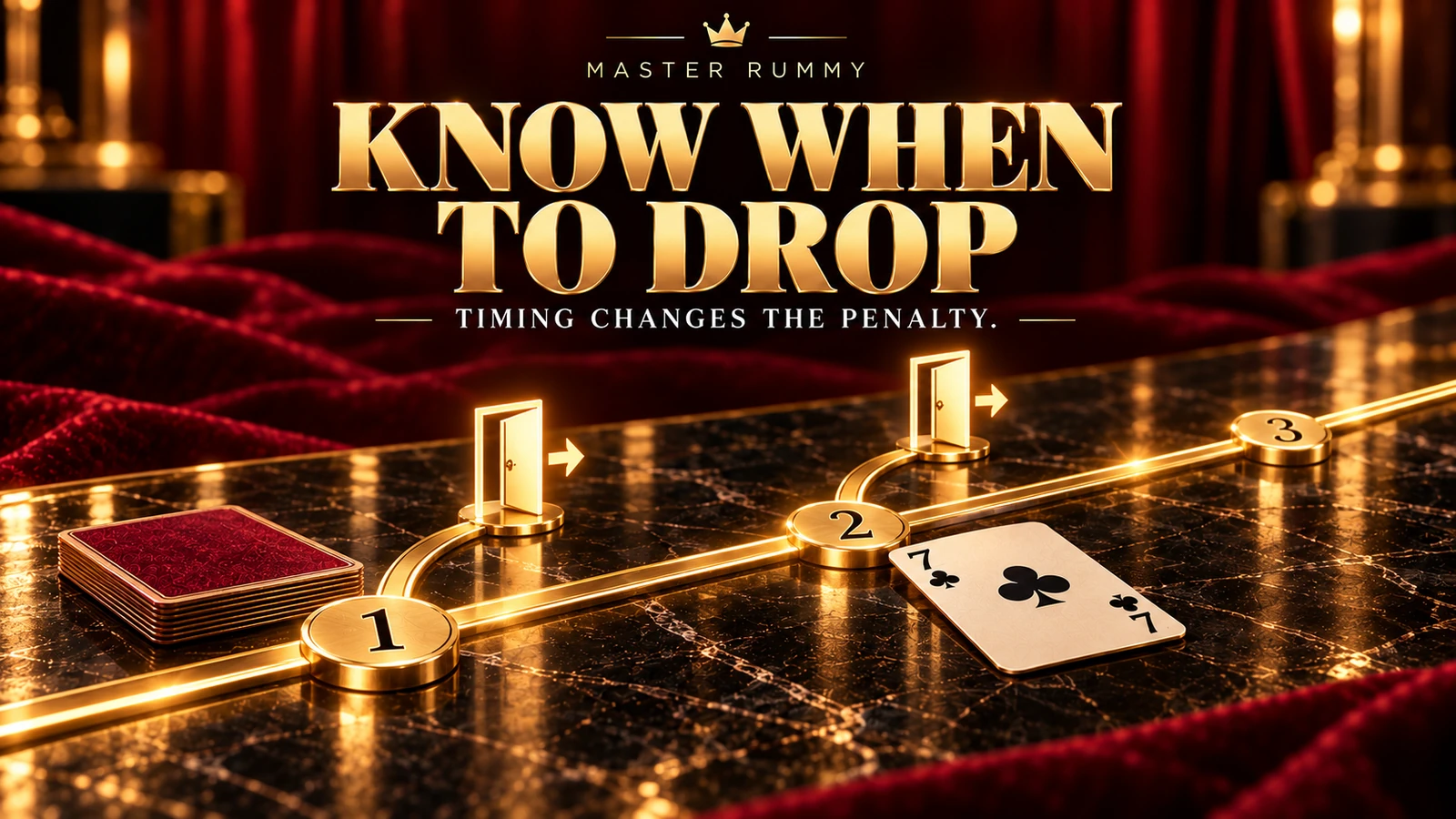 Know When to Drop — Timing Changes the Penalty A gold turn timeline on black marble has exit doors at early checkpoints, a face-down stack and a seven of clubs
