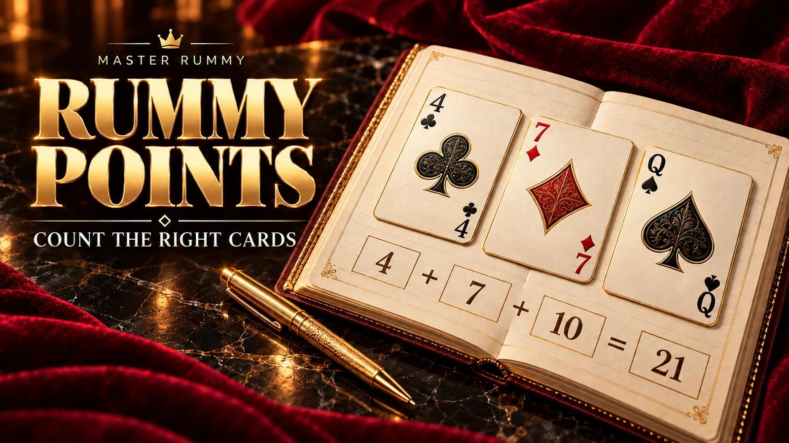 Rummy points — count the right cards An ivory scoring ledger with four of clubs, seven of diamonds and queen of spades cards and the calculation 4 plus 7 plus 10 equals 21