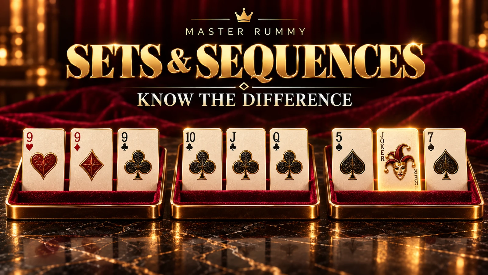 Three gold-edged velvet display trays compare a set of nines, a pure club sequence and a joker-assisted spade sequence