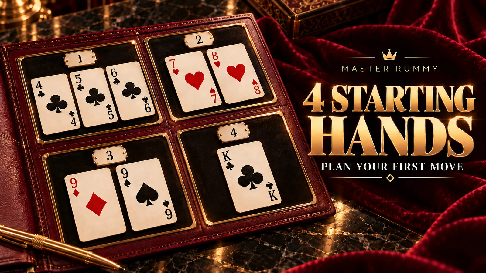 Four starting hands: plan your first move Four gold-edged card study panels in a burgundy leather folio beside the gold headline 4 Starting Hands and Plan Your First Move