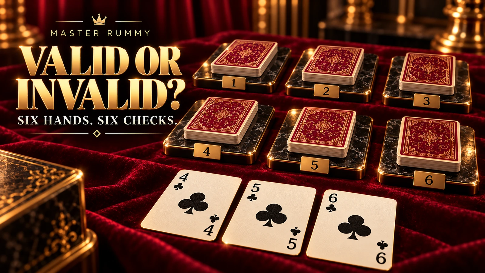 Six numbered gold-edged platforms with face-down cards and a club four-five-six sequence beneath the headline Valid or Invalid